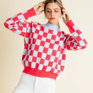 THML Sweater Women’s Size L Blue Pink-Red Checkered Mock Neck Knit L/S Pullover